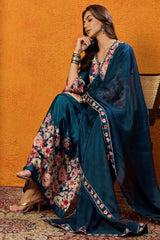 Blue Silk Blend Floral Printed A Line Suit Set