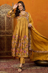 Mustard Silk Blend Floral Printed A Line Suit Set