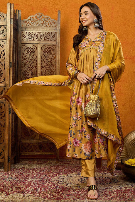 Mustard Silk Blend Floral Printed A Line Suit Set