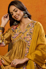 Mustard Silk Blend Floral Printed A Line Suit Set