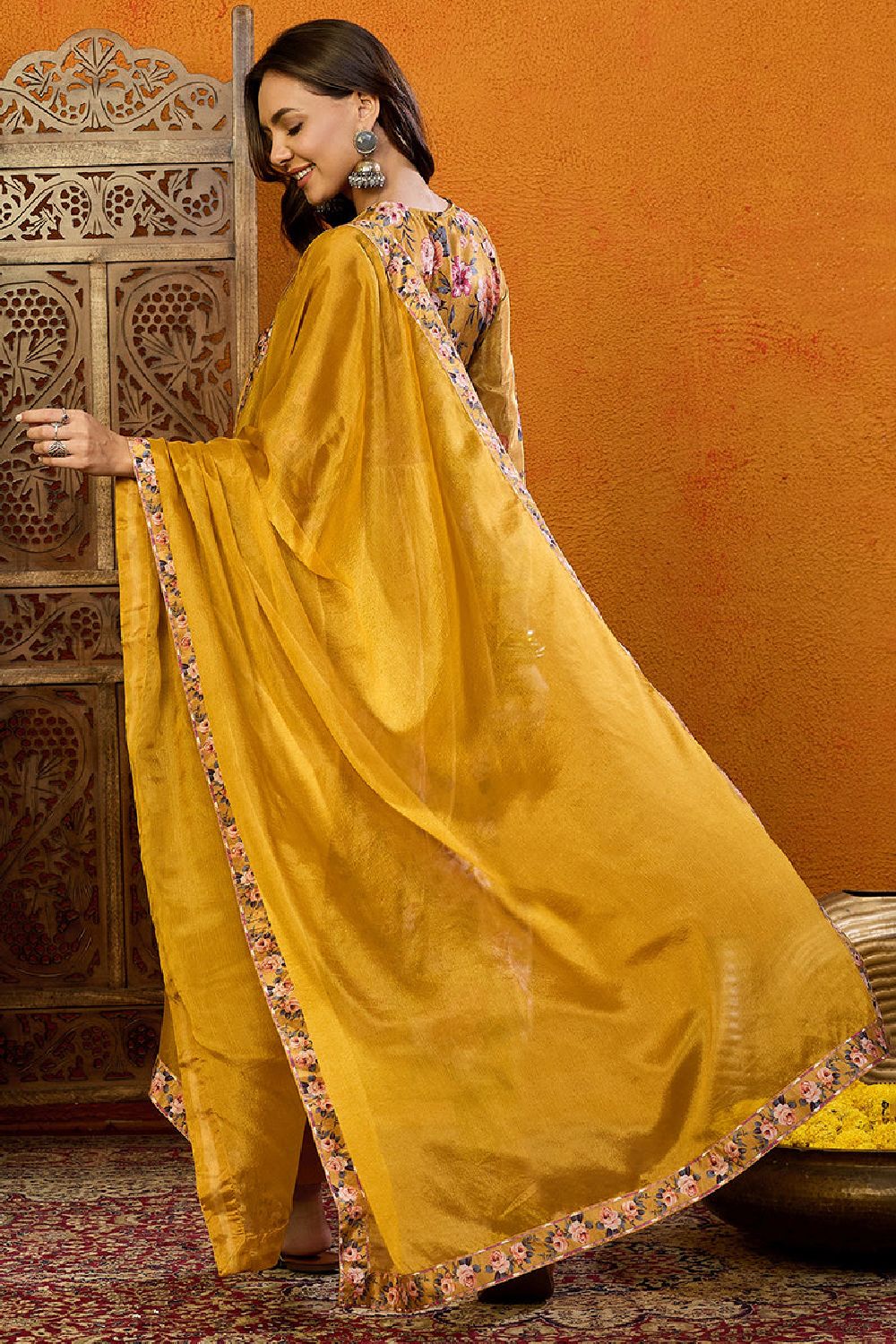 Mustard Silk Blend Floral Printed A Line Suit Set