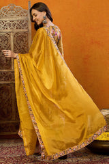 Mustard Silk Blend Floral Printed A Line Suit Set