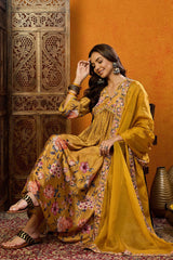 Mustard Silk Blend Floral Printed A Line Suit Set