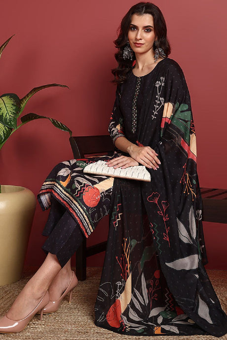 Black Silk Blend Abstract Printed Straight Suit Set