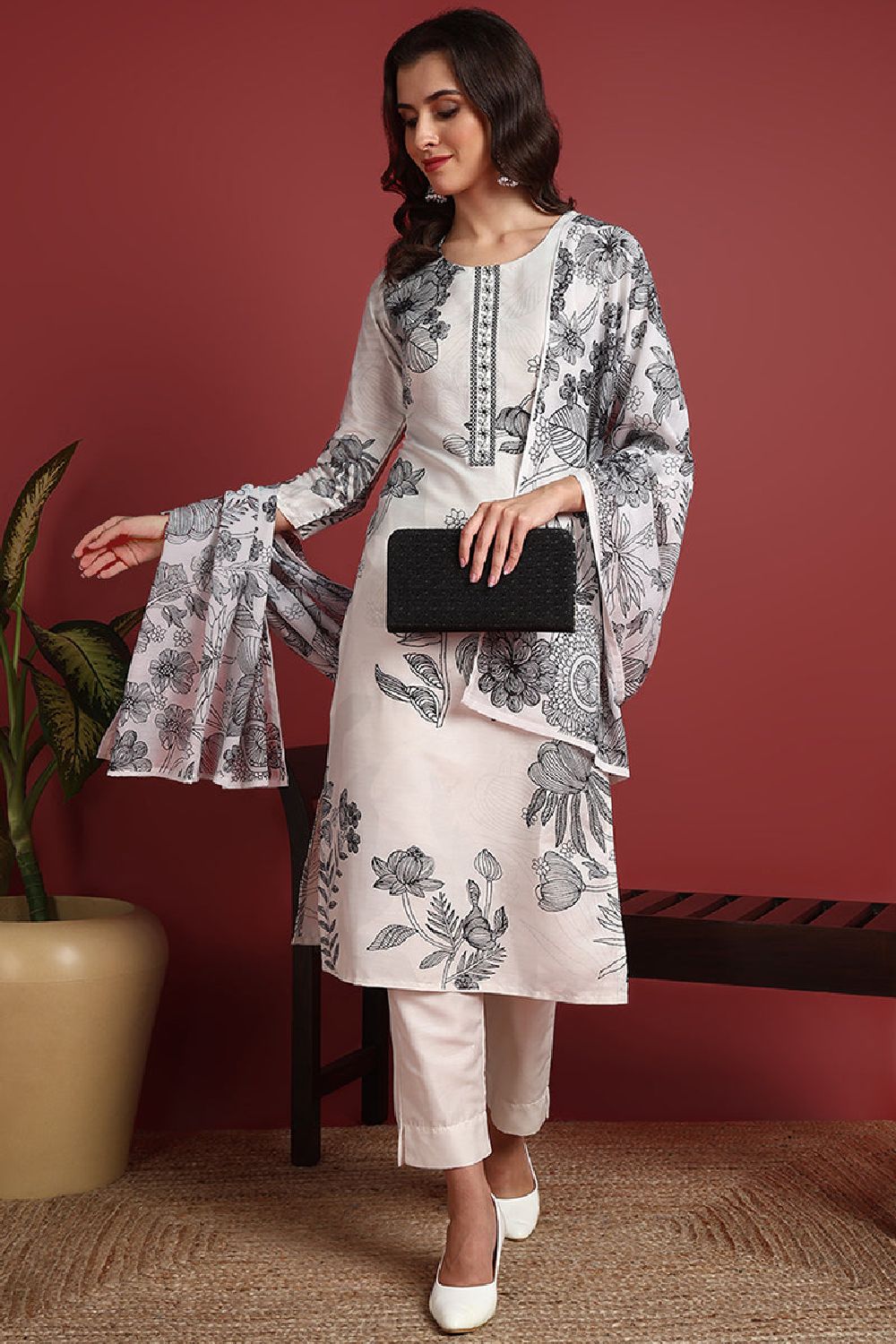 Off White Silk Blend Floral Printed Straight Suit Set