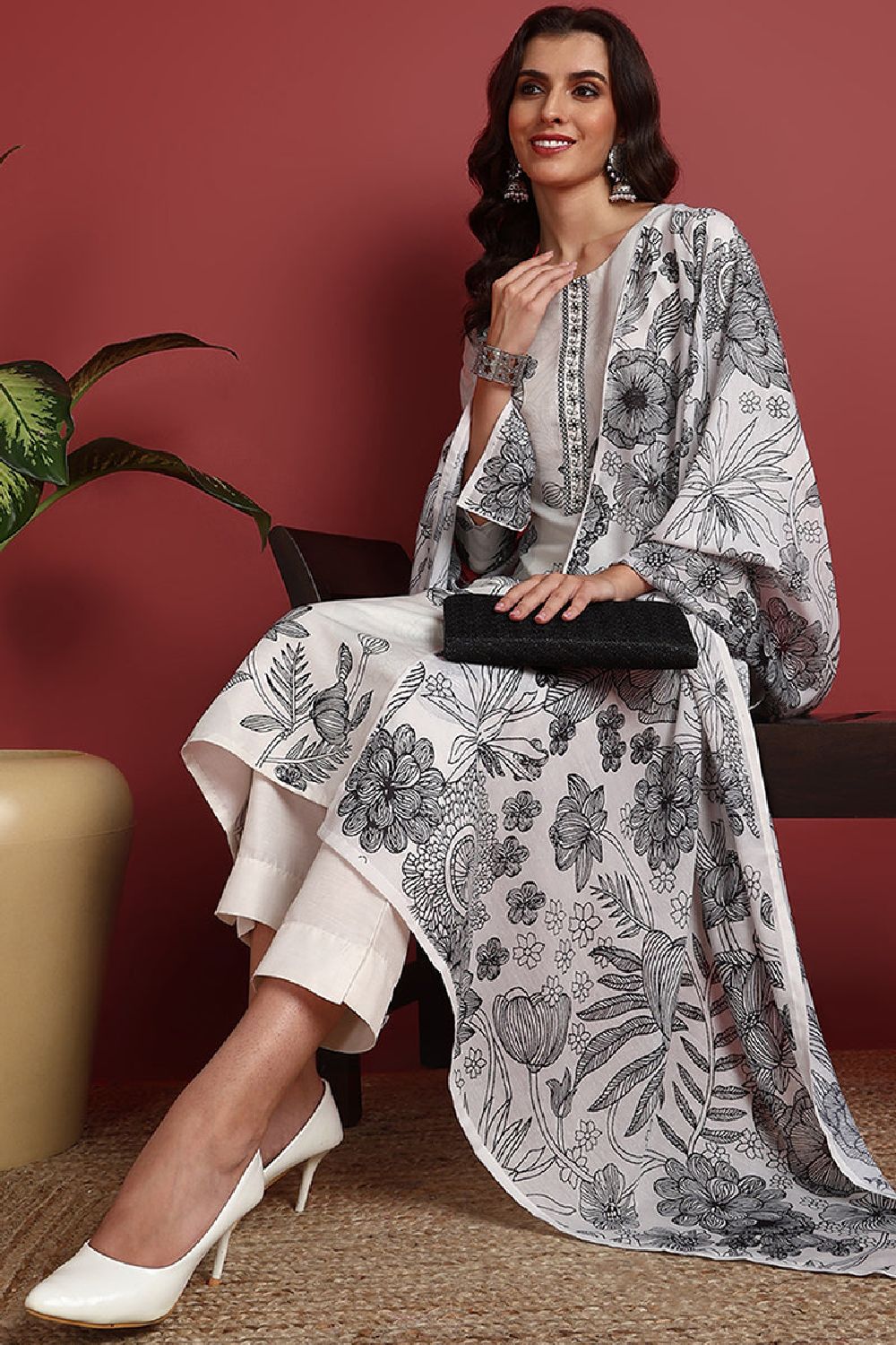 Off White Silk Blend Floral Printed Straight Suit Set