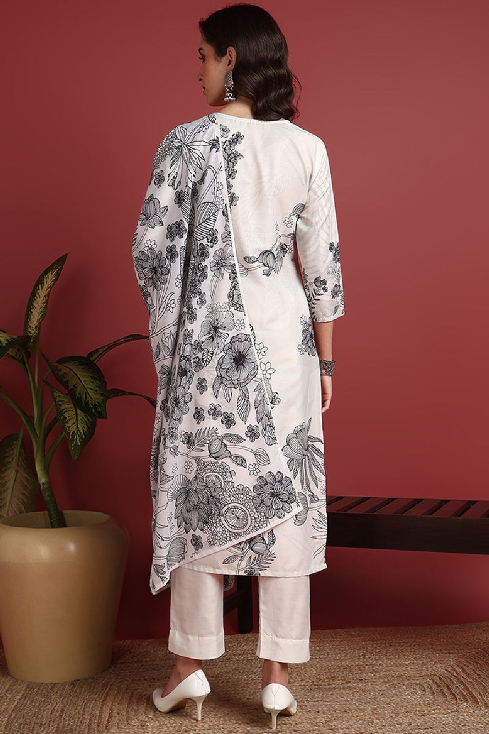 Off White Silk Blend Floral Printed Straight Suit Set