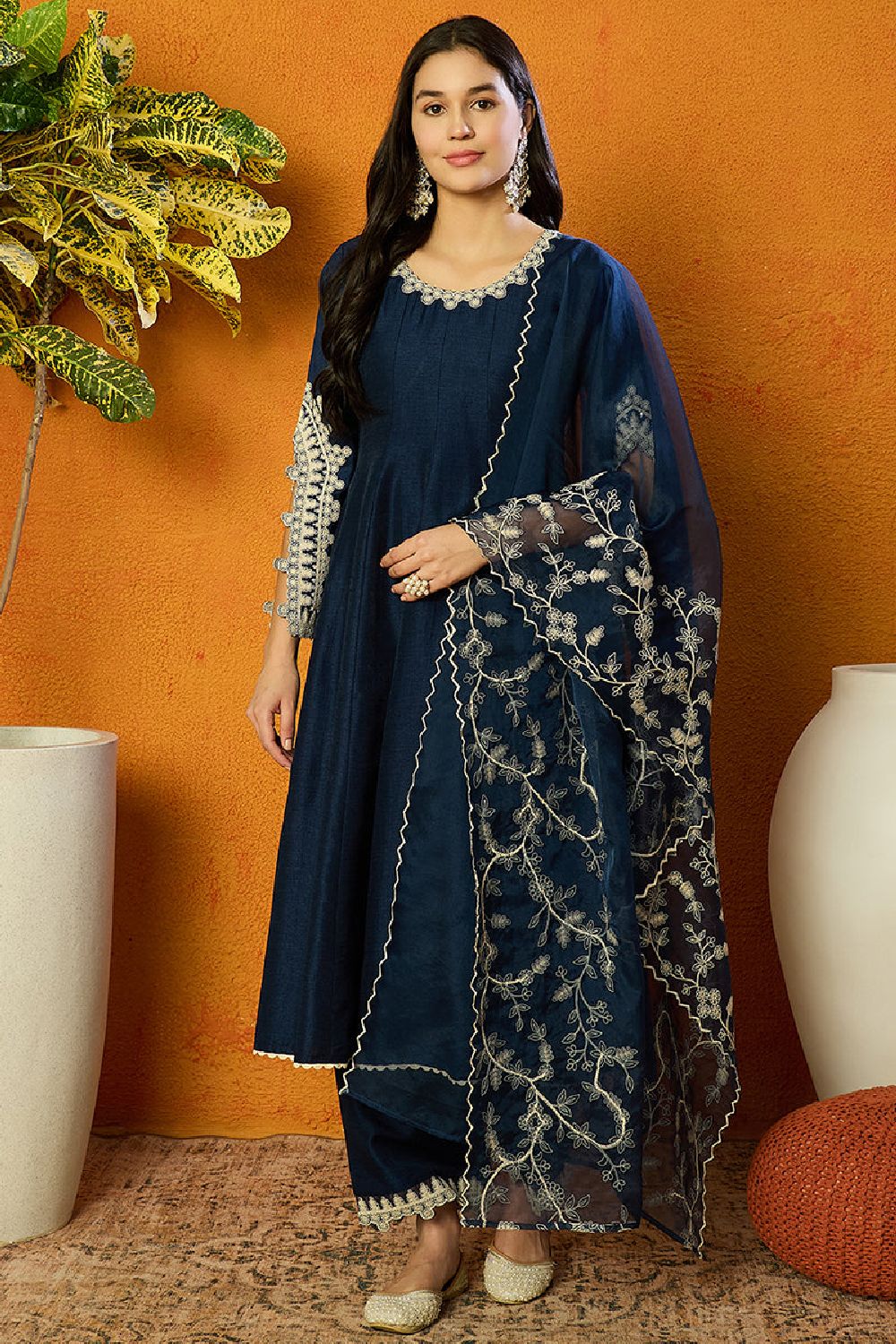 Blue Silk Blend Solid Embroidered Anarkali Kurta Palazzo With Dupatta