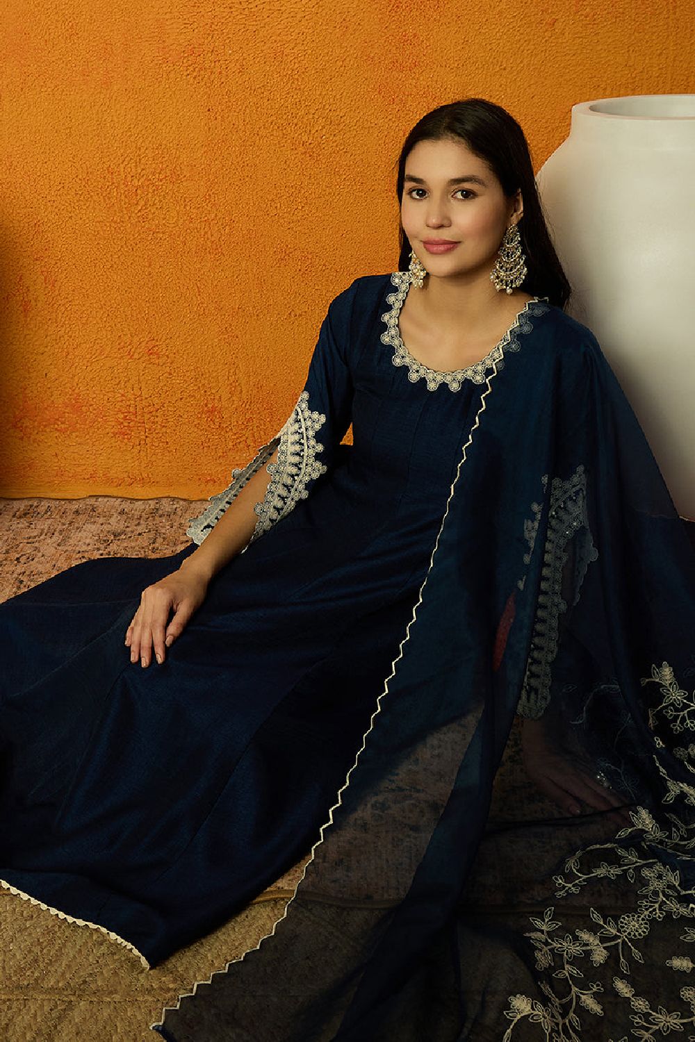 Blue Silk Blend Solid Embroidered Anarkali Kurti Palazzo With Dupatta