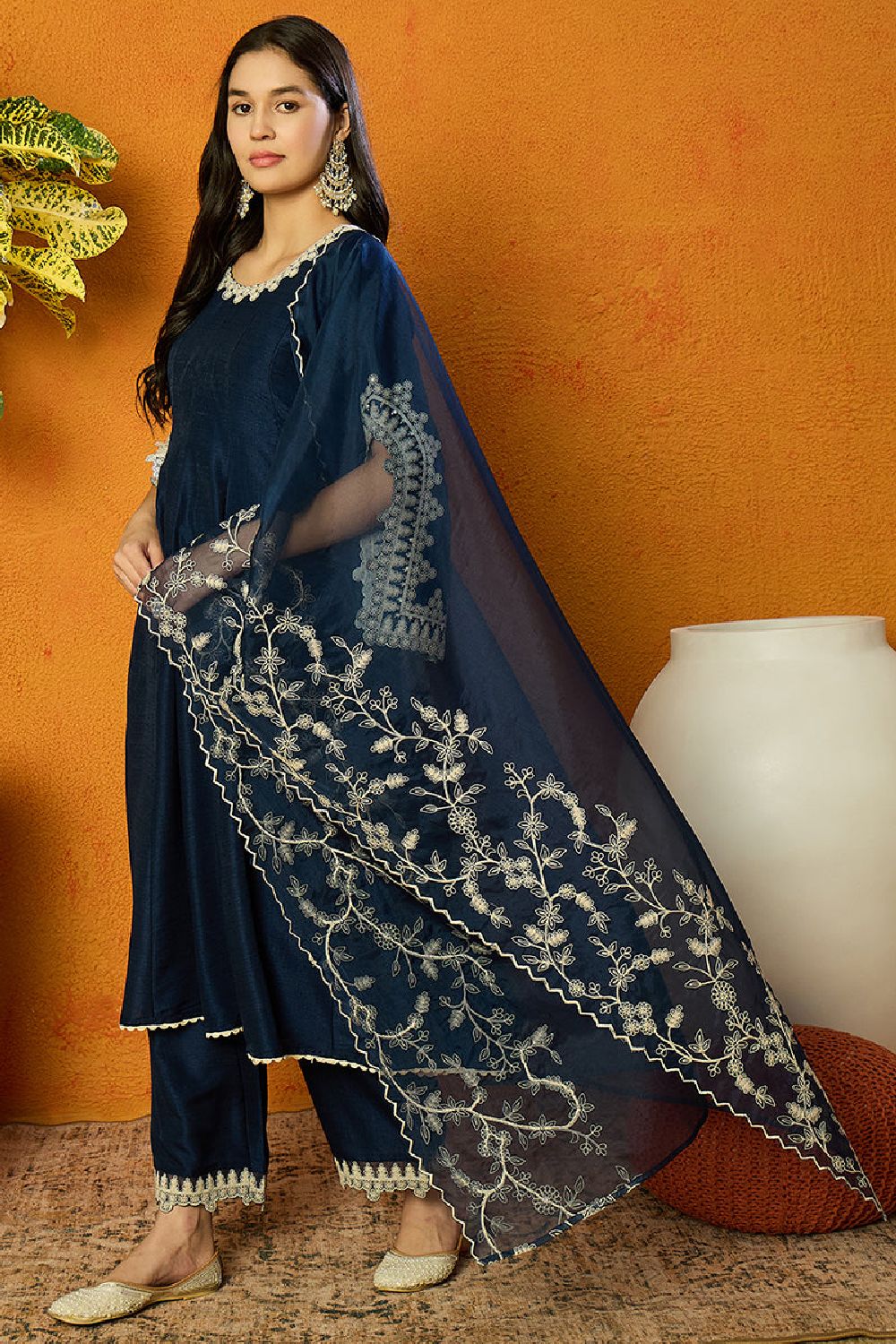 Blue Silk Blend Solid Embroidered Anarkali Kurta Palazzo With Dupatta