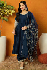 Blue Silk Blend Solid Embroidered Anarkali Kurti Palazzo With Dupatta