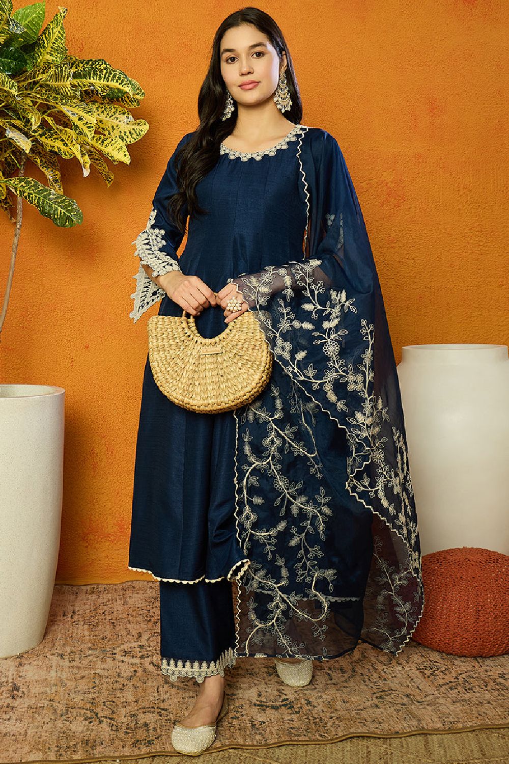 Blue Silk Blend Solid Embroidered Anarkali Kurta Palazzo With Dupatta