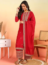 Red Silk Blend Solid Embroidered Straight Kurta Palazzo With Dupatta