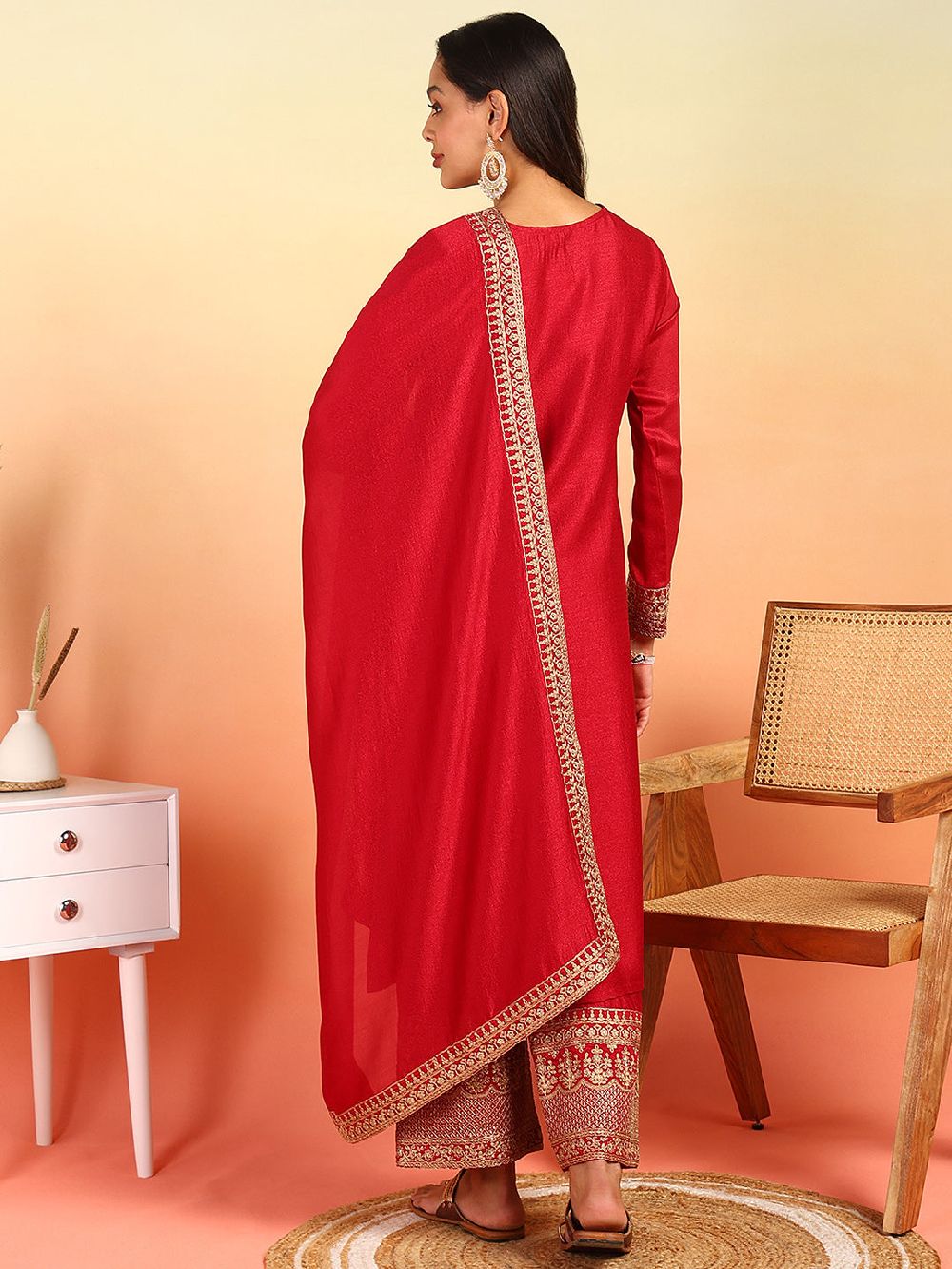 Red Silk Blend Solid Embroidered Straight Kurta Palazzo With Dupatta