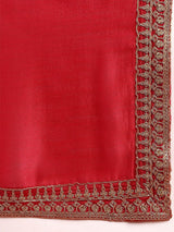 Red Silk Blend Solid Embroidered Straight Kurta Palazzo With Dupatta