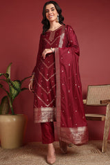 Maroon Silk Blend Ethnic Motifs Woven Design Straight Cut Suit Set