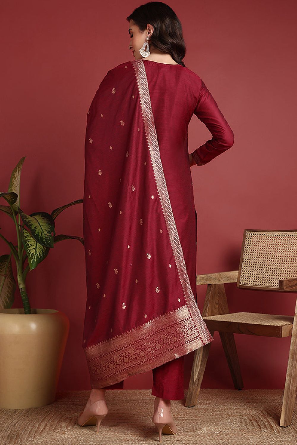 Maroon Silk Blend Ethnic Motifs Woven Design Straight Cut Suit Set