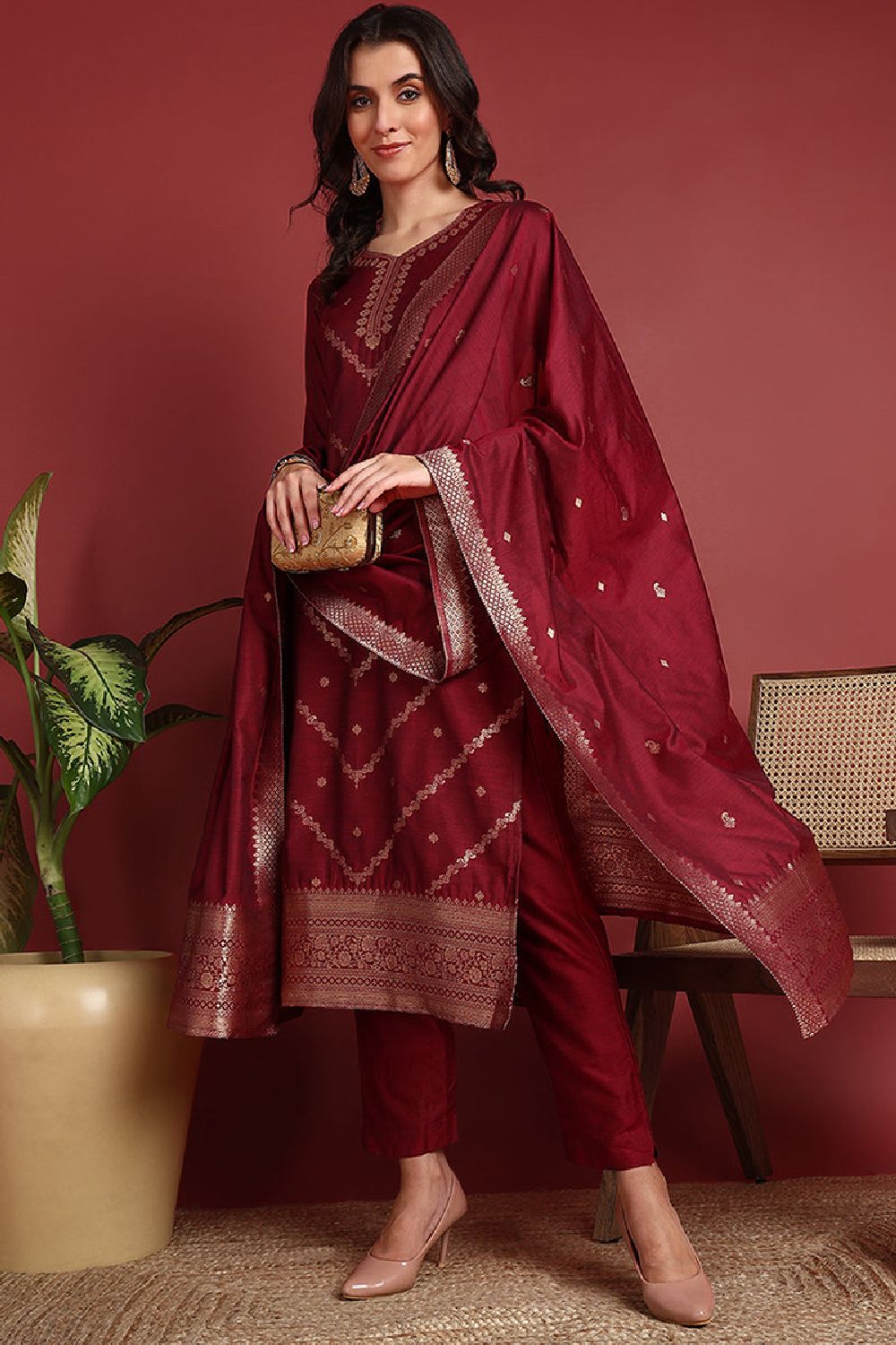 Maroon Silk Blend Ethnic Motifs Woven Design Straight Cut Suit Set