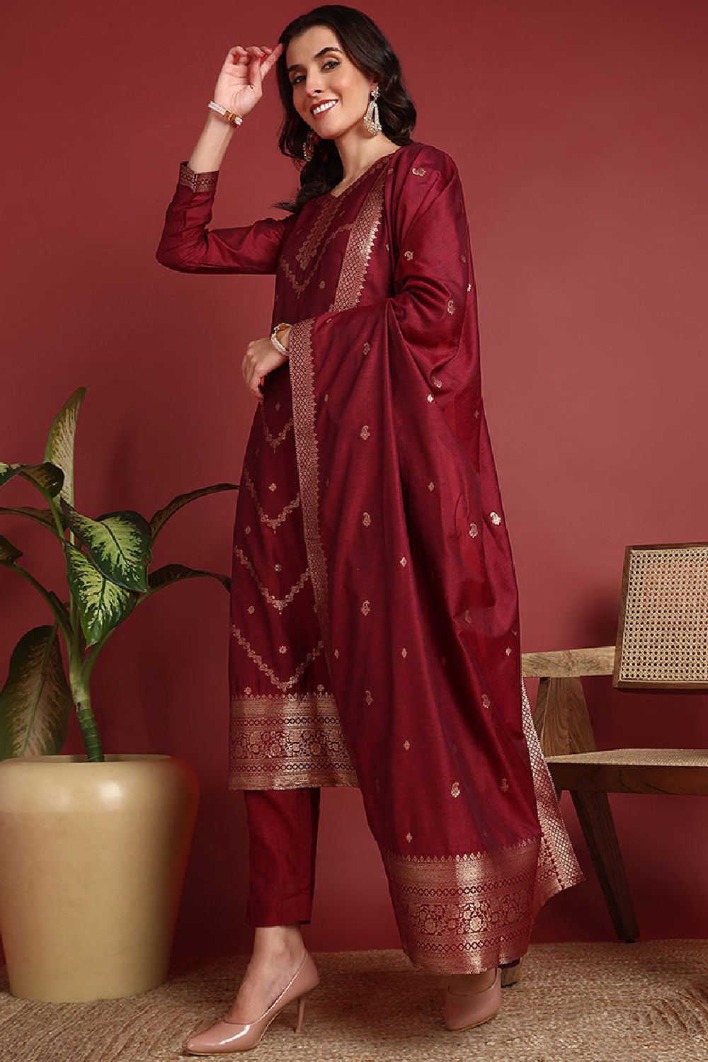 Maroon Silk Blend Ethnic Motifs Woven Design Straight Cut Suit Set