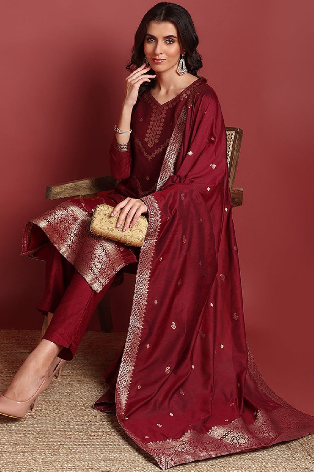 Maroon Silk Blend Ethnic Motifs Woven Design Straight Cut Suit Set