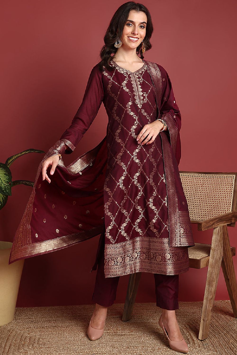 Burgundy Silk Blend Ethnic Motifs Woven Design Straight Cut Suit Set