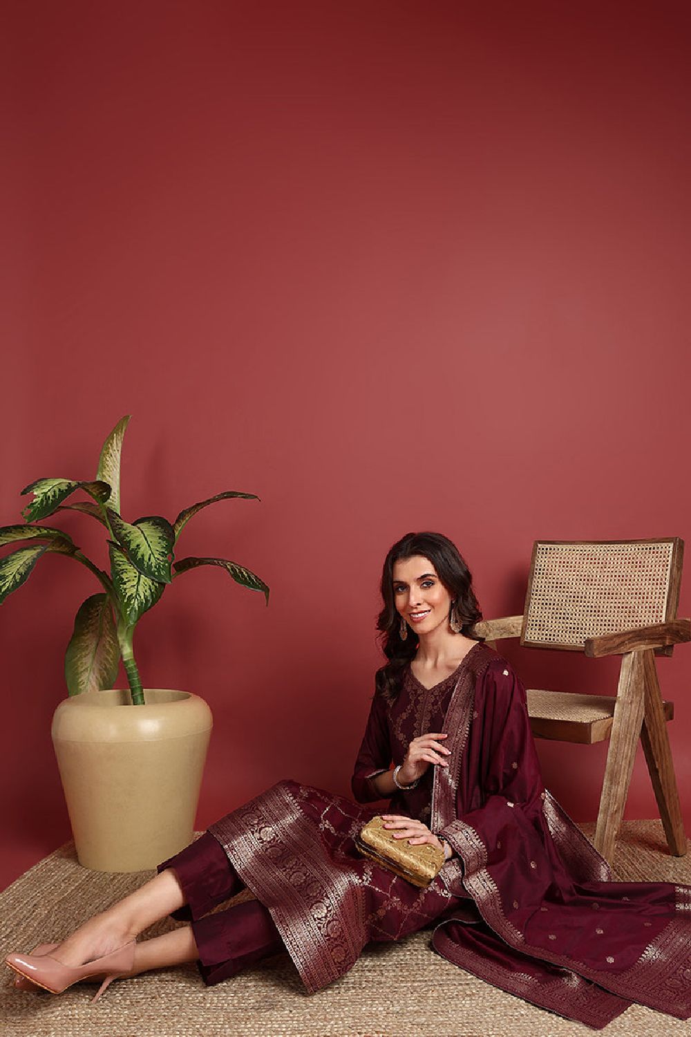 Burgundy Silk Blend Ethnic Motifs Woven Design Straight Cut Suit Set