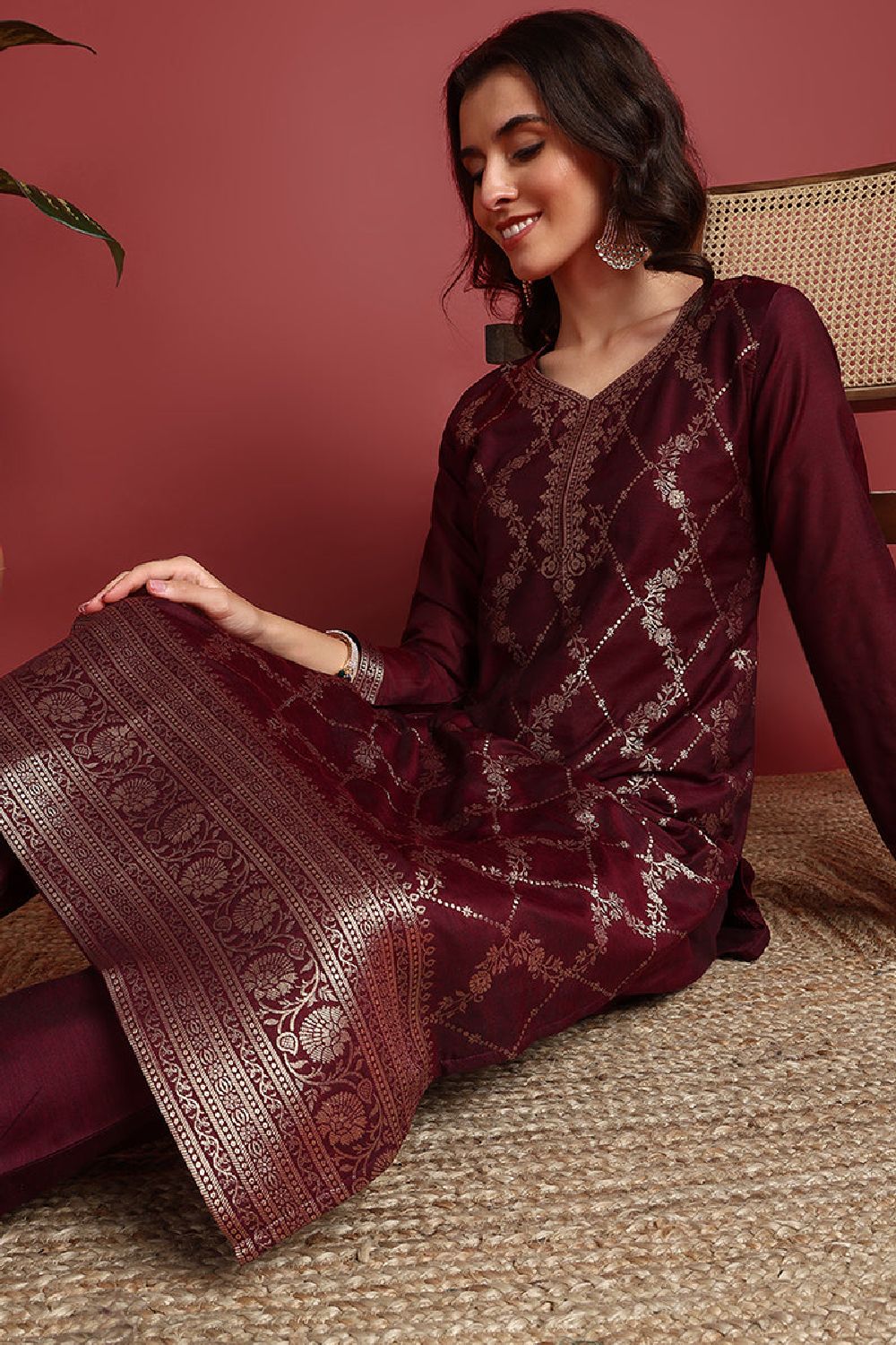 Burgundy Silk Blend Ethnic Motifs Woven Design Straight Cut Suit Set