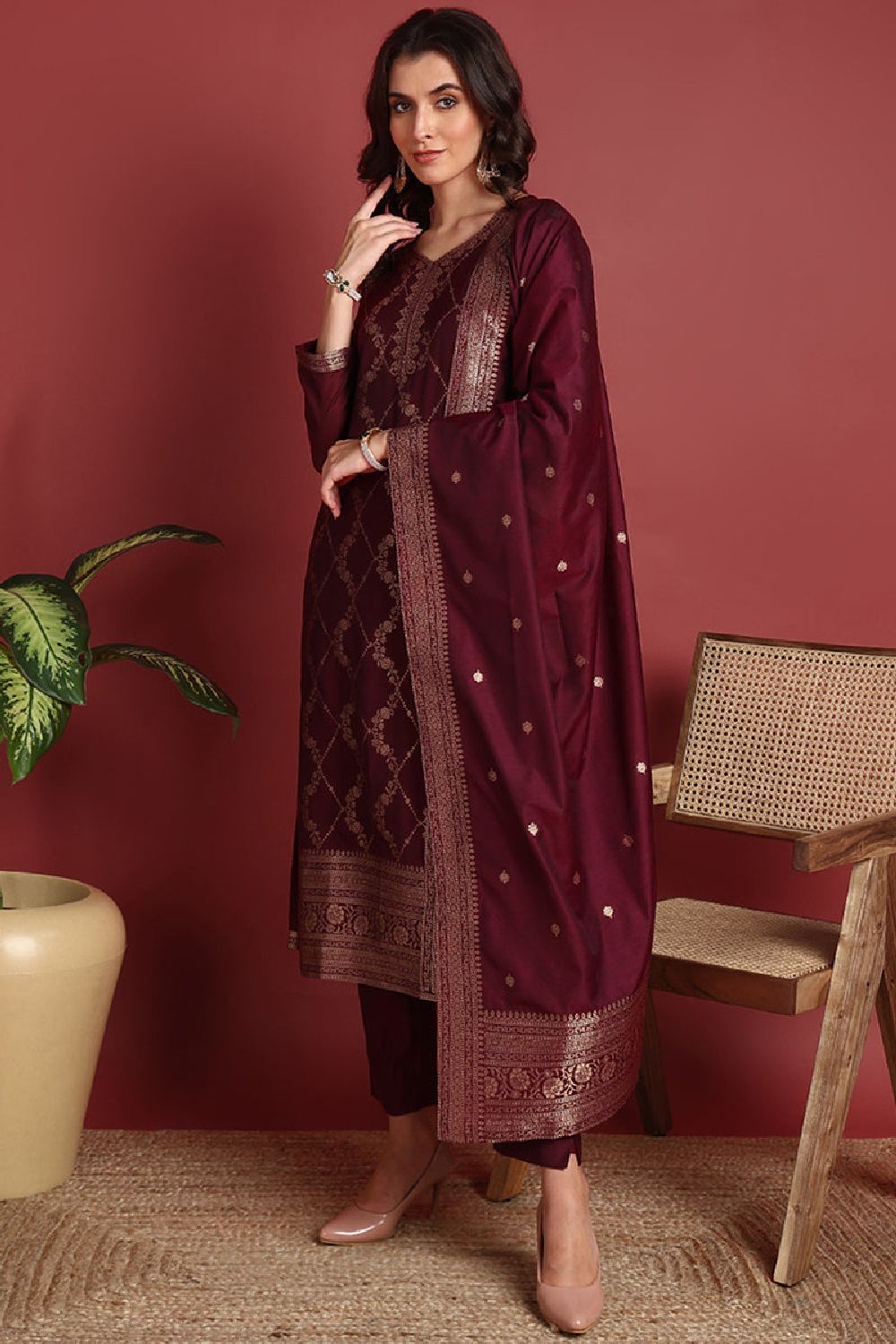 Burgundy Silk Blend Ethnic Motifs Woven Design Straight Suit Set