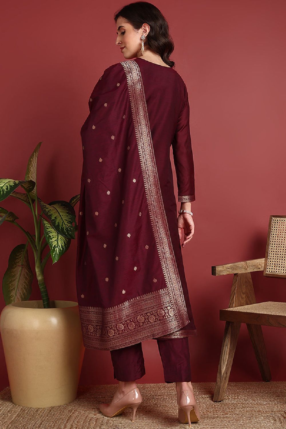 Burgundy Silk Blend Ethnic Motifs Woven Design Straight Cut Suit Set