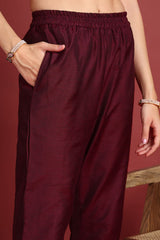 Burgundy Silk Blend Ethnic Motifs Woven Design Straight Cut Suit Set