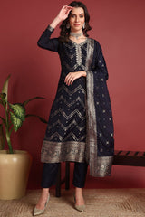 Navy Blue Silk Blend Ethnic Motifs Woven Design Straight Cut Suit Set