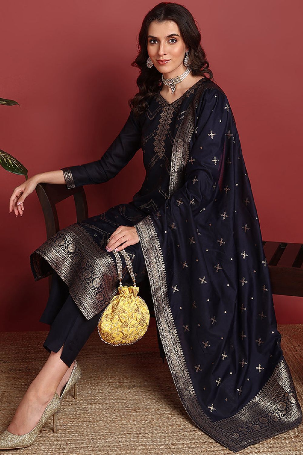 Navy Blue Silk Blend Ethnic Motifs Woven Design Straight Cut Suit Set