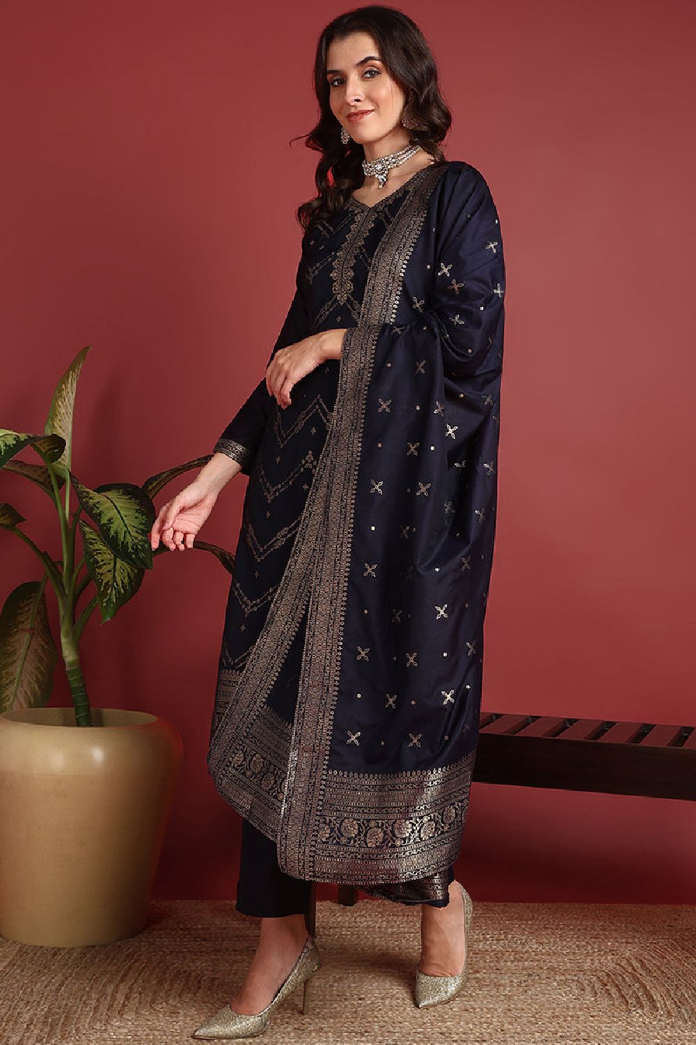 Navy Blue Silk Blend Ethnic Motifs Woven Design Straight Suit Set