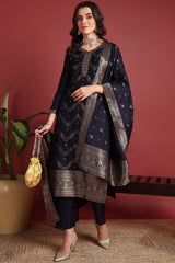 Navy Blue Silk Blend Ethnic Motifs Woven Design Straight Cut Suit Set