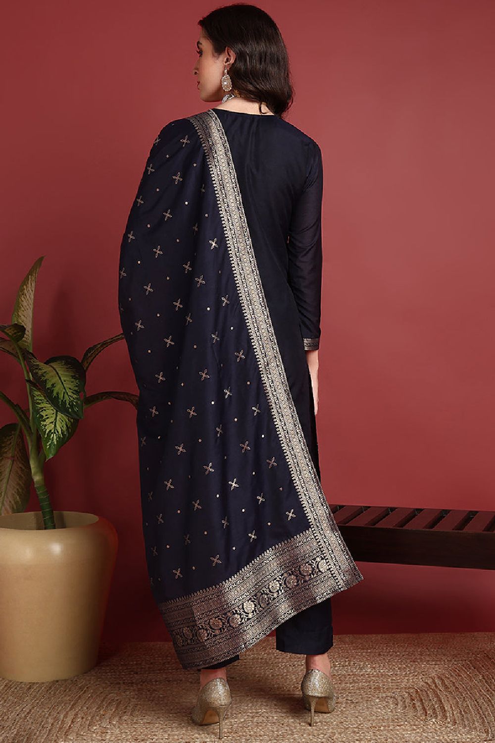 Navy Blue Silk Blend Ethnic Motifs Woven Design Straight Cut Suit Set