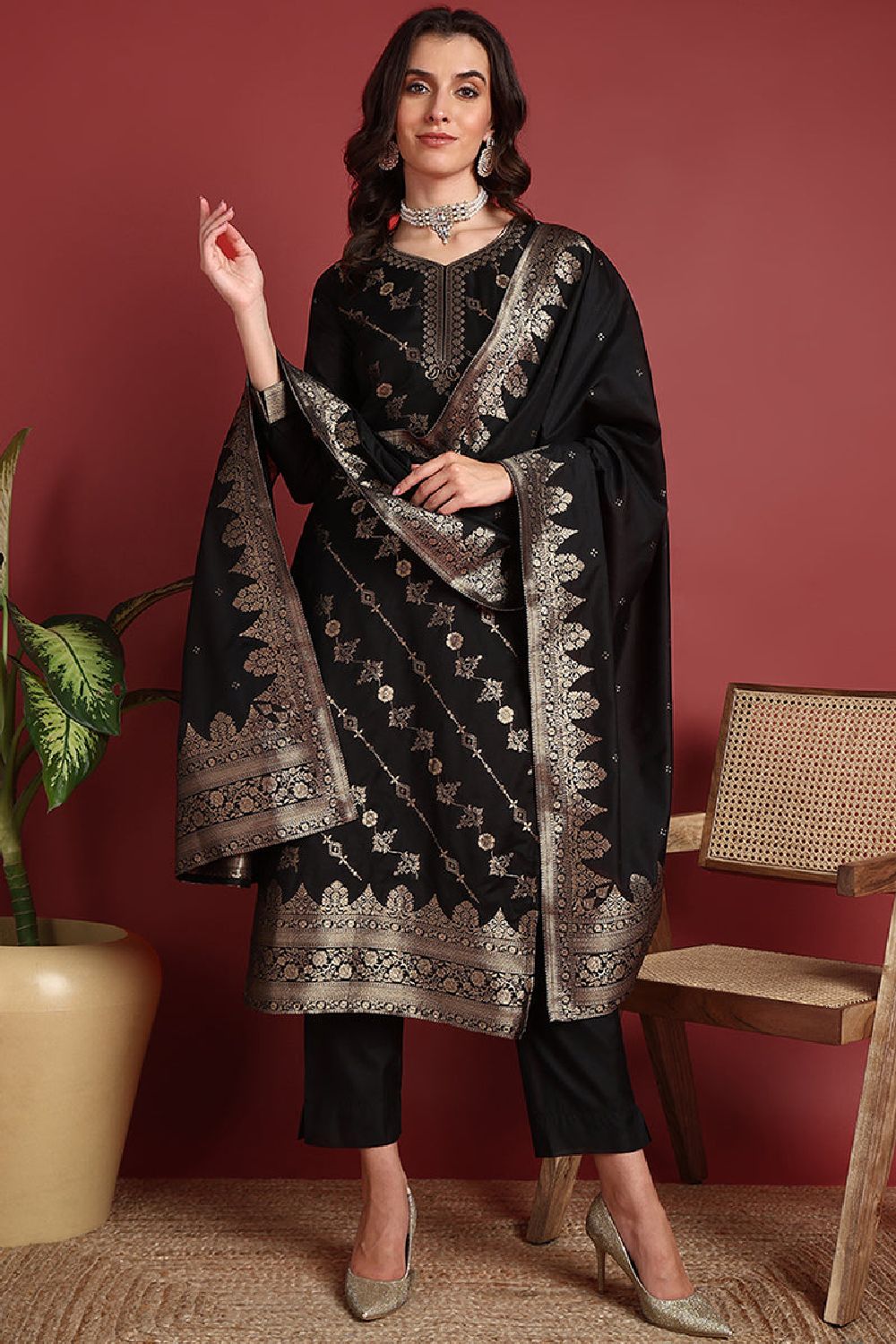 Black Silk Blend Ethnic Motifs Woven Design Straight Suit Set