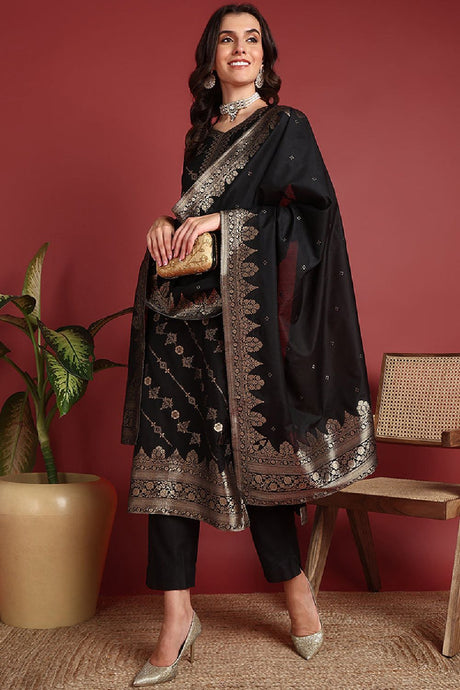 Black Silk Blend Ethnic Motifs Woven Design Straight Suit Set