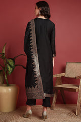 Black Silk Blend Ethnic Motifs Woven Design Straight Suit Set