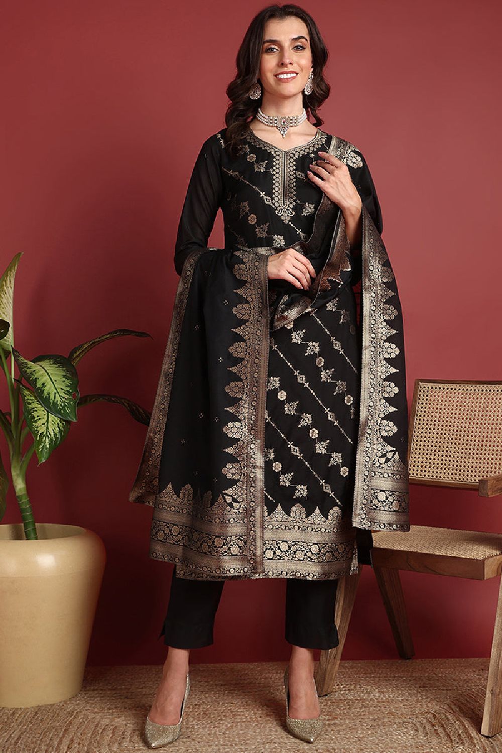 Black Silk Blend Ethnic Motifs Woven Design Straight Suit Set