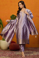 Lavender Silk Blend Ethnic Motifs Woven Design Straight Suit Set