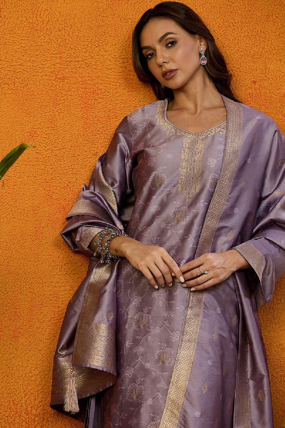 Lavender Silk Blend Ethnic Motifs Woven Design Straight Suit Set