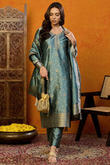 Teal Silk Blend Ethnic Motifs Woven Design Straight Suit Set