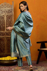 Teal Silk Blend Ethnic Motifs Woven Design Straight Suit Set