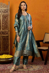 Teal Silk Blend Ethnic Motifs Woven Design Straight Suit Set