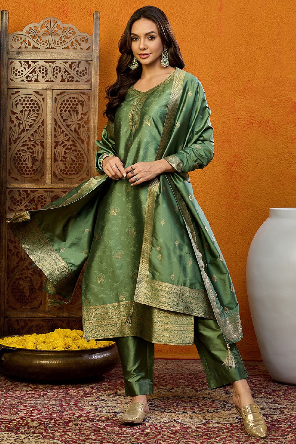 Green Silk Blend Ethnic Motifs Woven Design Straight Suit Set