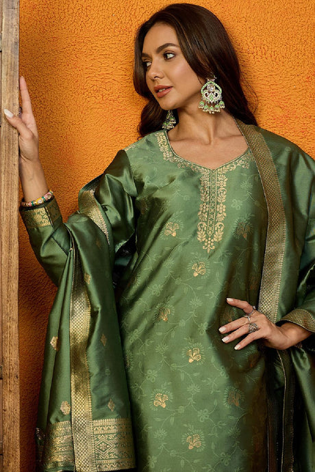 Green Silk Blend Ethnic Motifs Woven Design Straight Cut Suit Set