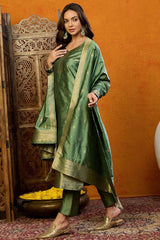 Green Silk Blend Ethnic Motifs Woven Design Straight Suit Set