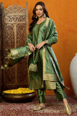 Green Silk Blend Ethnic Motifs Woven Design Straight Suit Set