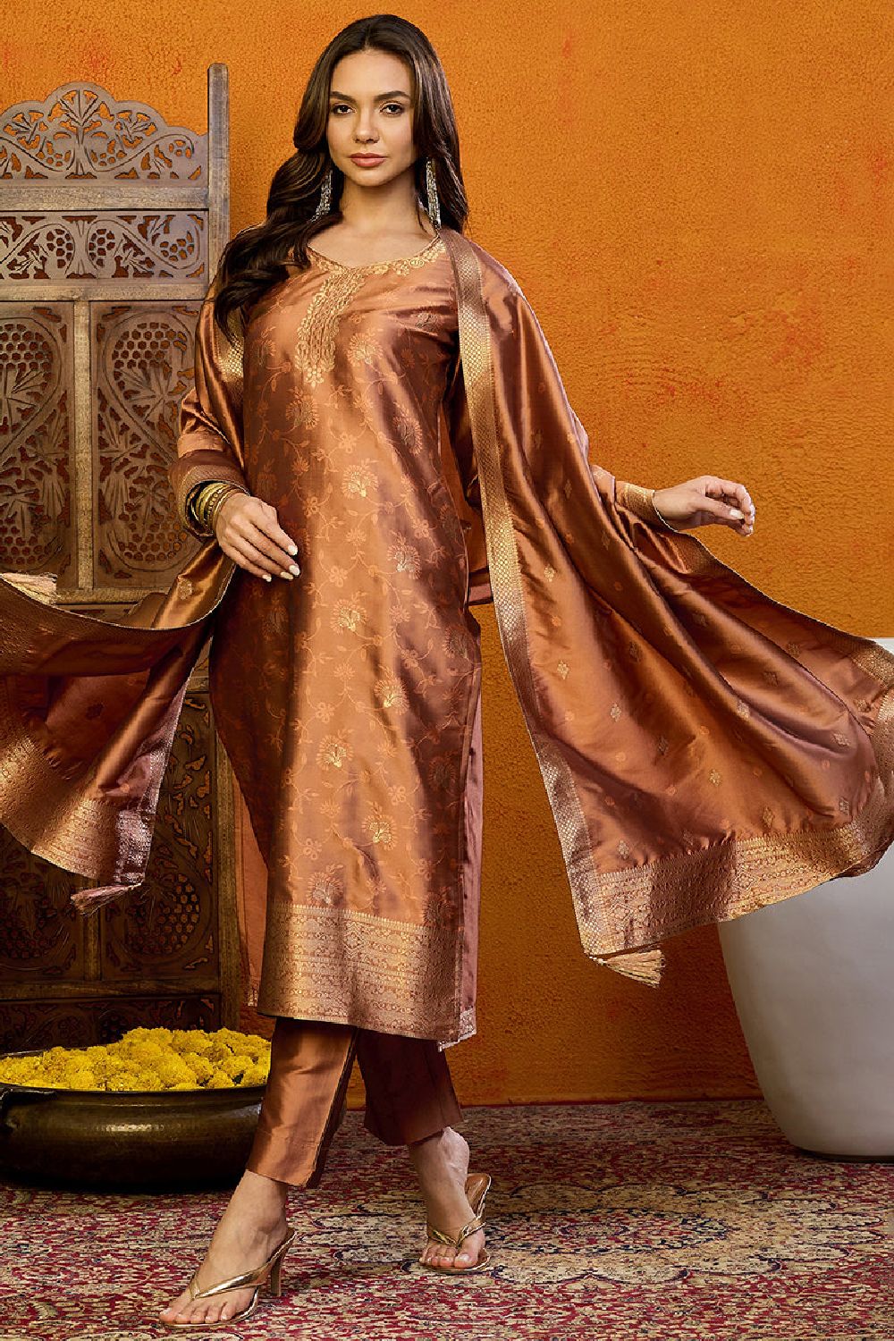 Brown Silk Blend Ethnic Motifs Woven Design Straight Suit Set