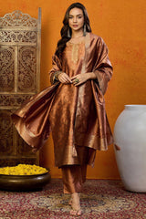 Brown Silk Blend Ethnic Motifs Woven Design Straight Suit Set